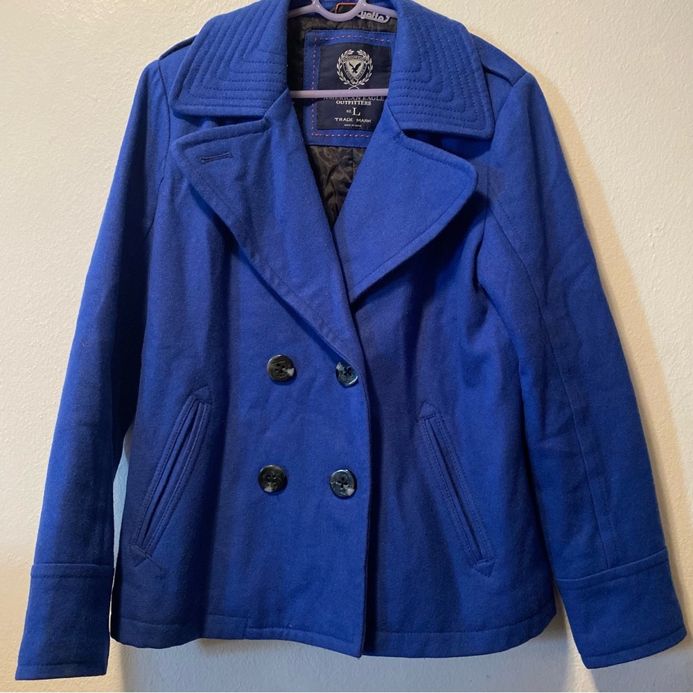 American Eagle Outfitters Blue Pea Coat Notched Lapel Wool Blend Women’s Large‎